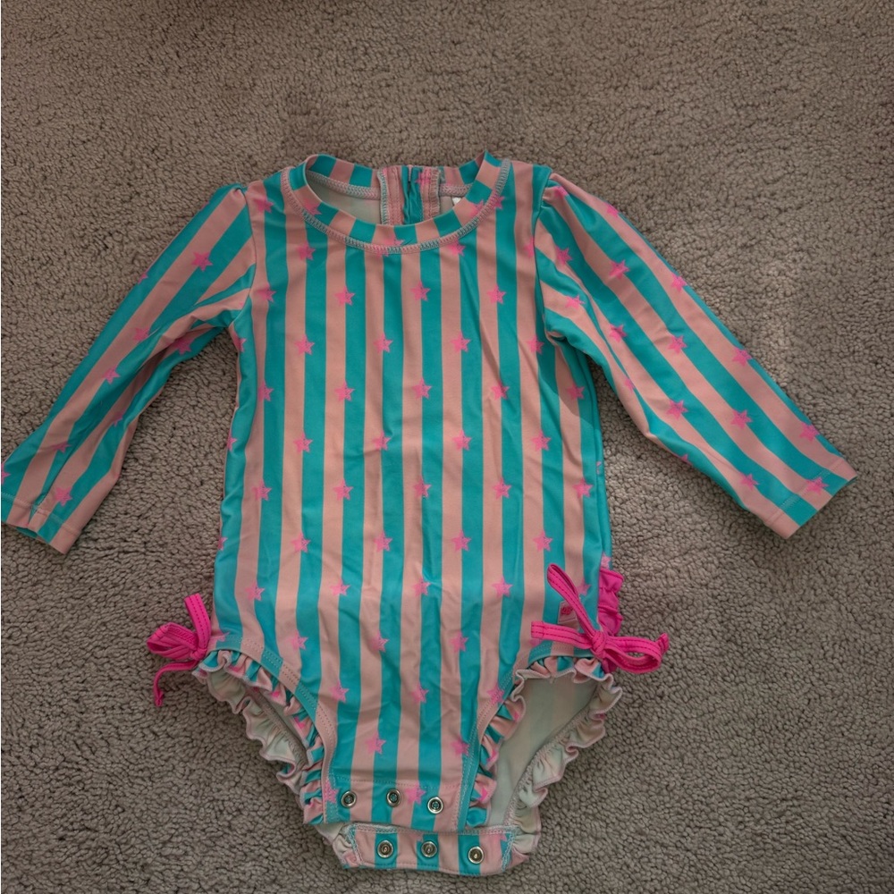 Ruffle Butts Pink and Teal Striped One piece bathing suit